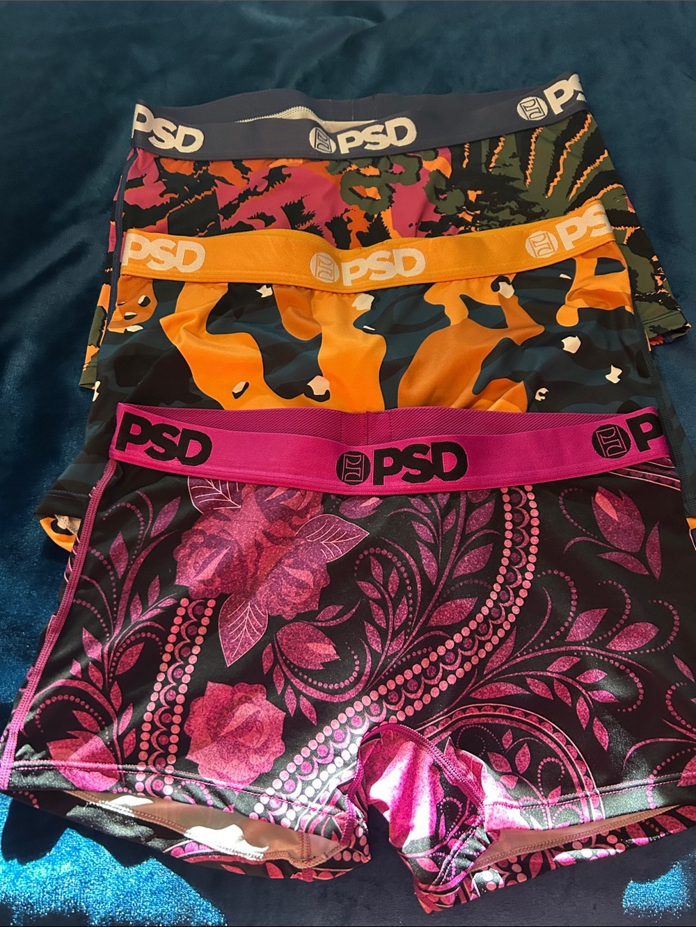 PSD Trio Boxer Briefs — Pink Floral, Orange Camo, Multicolor Camo